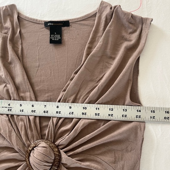 VTG Y2K BCBG taupe V-neck tie twist ruched stretch midi dress sz L boho beach - Picture 6 of 7
